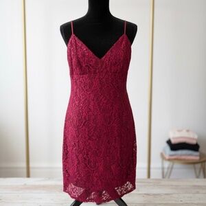 GUESS Maroon Lace Sequin V-Neck Mini Dress - Size L